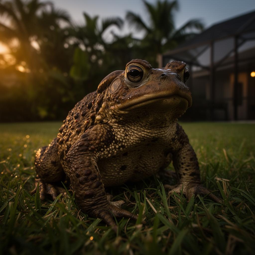 Invasive cane toad in a Southwest Florida backyard at dusk